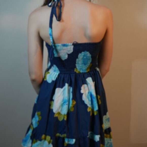 Babydoll Navy Blue Floral Halter Mini Sundress with Button Front & Tiered Skirt - Picture 3 of 3